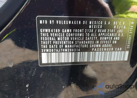 2017 Volkswagen Jetta 1.4T Se z USA, uszkodzony, nr VIN 3VWDB7AJ7HM208314